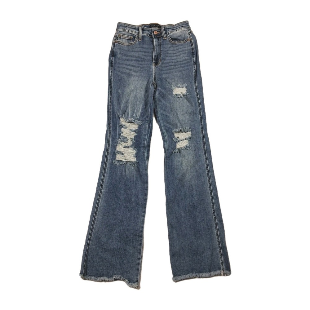 JUDY BLUE Women's Boot Cut Stretch Jeans Blue Distressed Raw Hem Sz 3/26 (26x32)